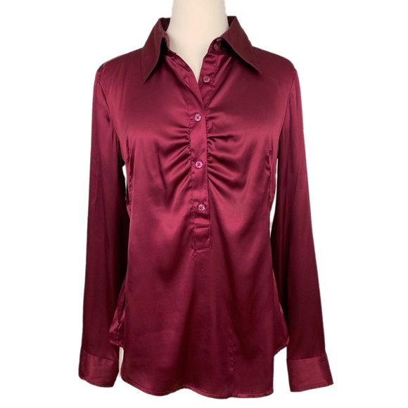 NEW YORK & COMPANY Blouse Shirred Stretch Long Sleeve Wine Medium - Picture 1 of 7